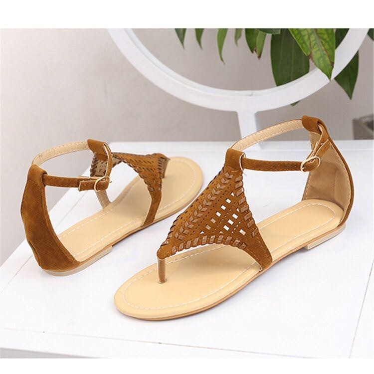 Women Weave Hollow Out Clip Toe Spänne Causal Summer Beach Flat Sandaler