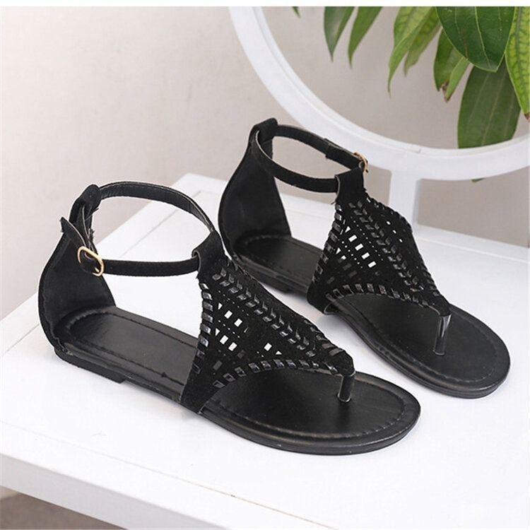 Women Weave Hollow Out Clip Toe Spänne Causal Summer Beach Flat Sandaler