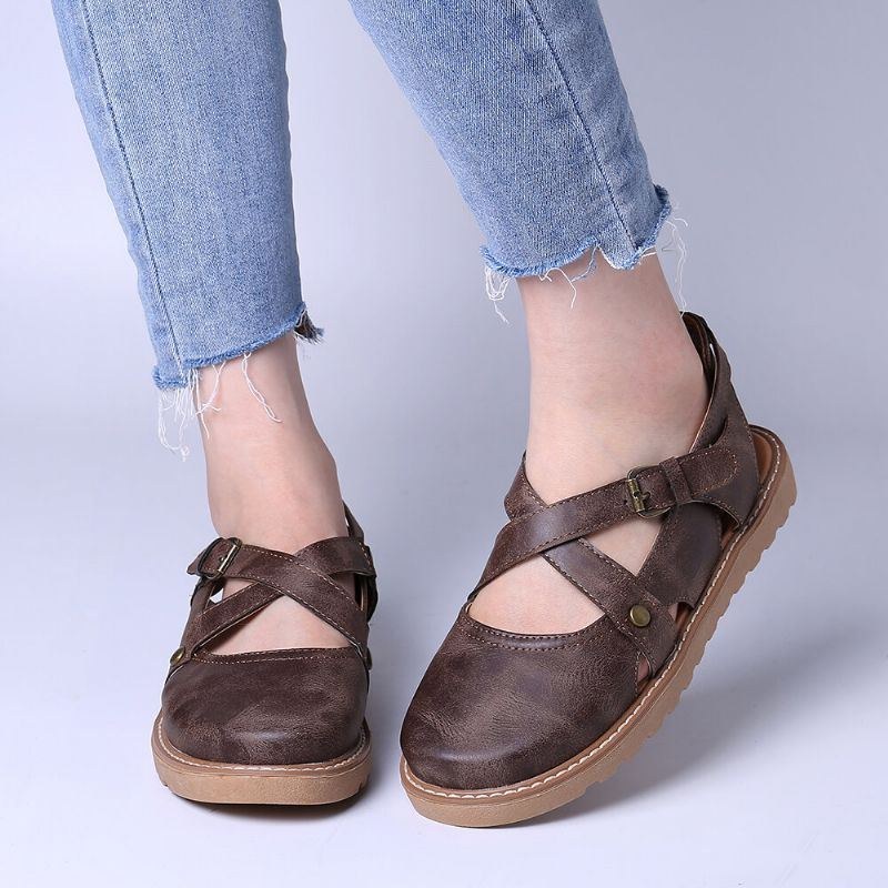 Women Wide Fit Comgy Cross Buckle Strap Closed Toe Sandaler