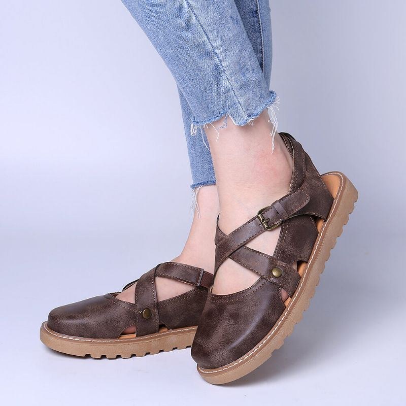 Women Wide Fit Comgy Cross Buckle Strap Closed Toe Sandaler