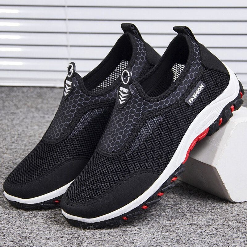 Herr Sport Skarvning Mesh Tyg Andas Slip On Casual Walking Skor