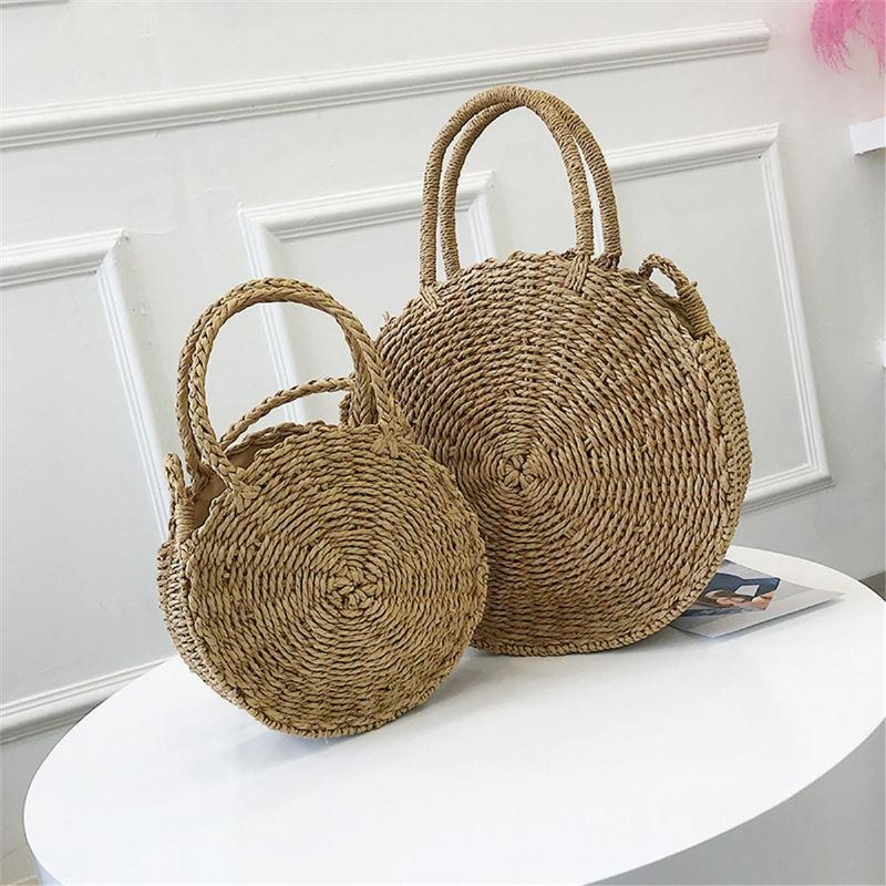 Bohemia Rattan Straw Bag Dam Halm Handväska Rund Strand 110cm Längd Polyester