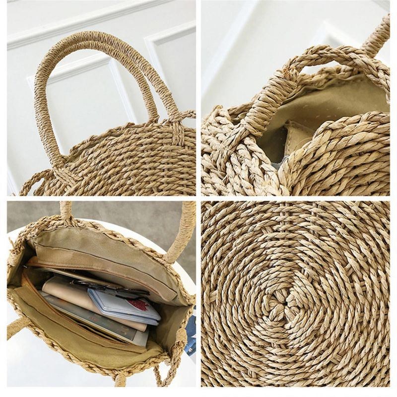 Bohemia Rattan Straw Bag Dam Halm Handväska Rund Strand 110cm Längd Polyester