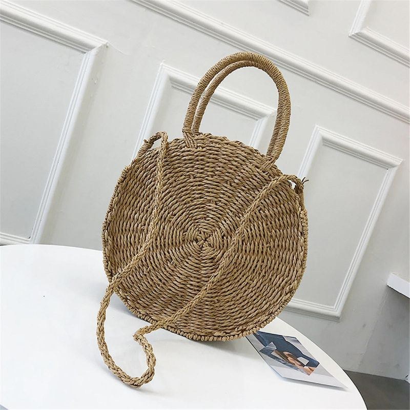 Bohemia Rattan Straw Bag Dam Halm Handväska Rund Strand 110cm Längd Polyester