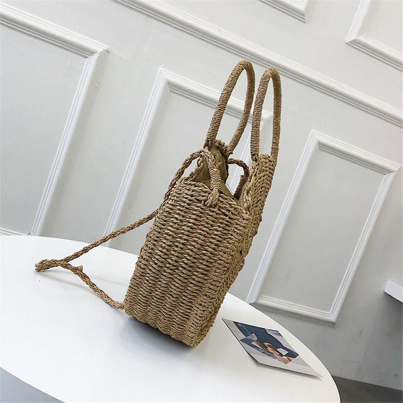 Bohemia Rattan Straw Bag Dam Halm Handväska Rund Strand 110cm Längd Polyester