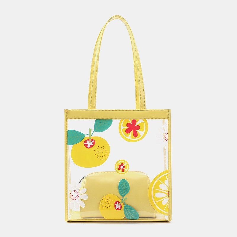 Dam 2st Vattentät Transparent Print Frukt Pvc Multi-carry Handväska Tote