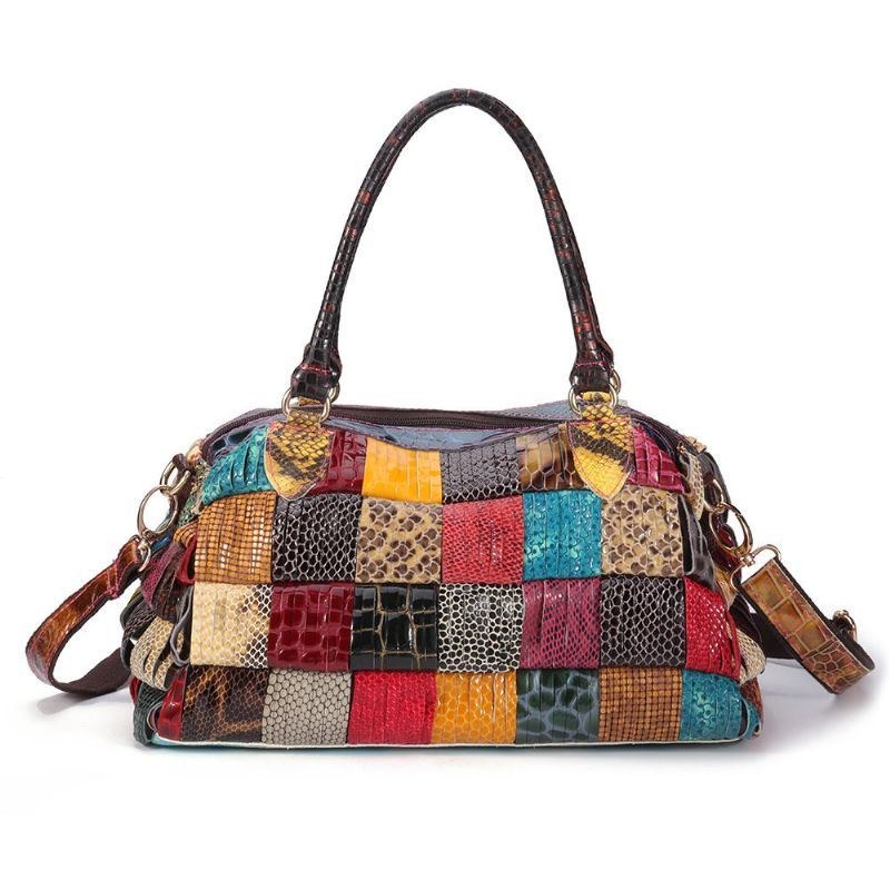 Dam Bohemian Handväska I Äkta Läder Med Stor Kapacitet Patchwork Handgjorda Crossbody-väskor