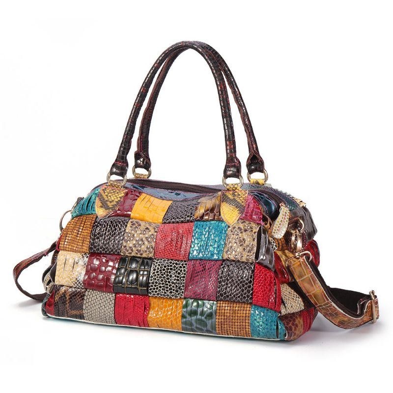 Dam Bohemian Handväska I Äkta Läder Med Stor Kapacitet Patchwork Handgjorda Crossbody-väskor