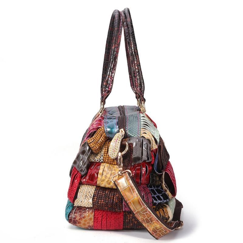 Dam Bohemian Handväska I Äkta Läder Med Stor Kapacitet Patchwork Handgjorda Crossbody-väskor