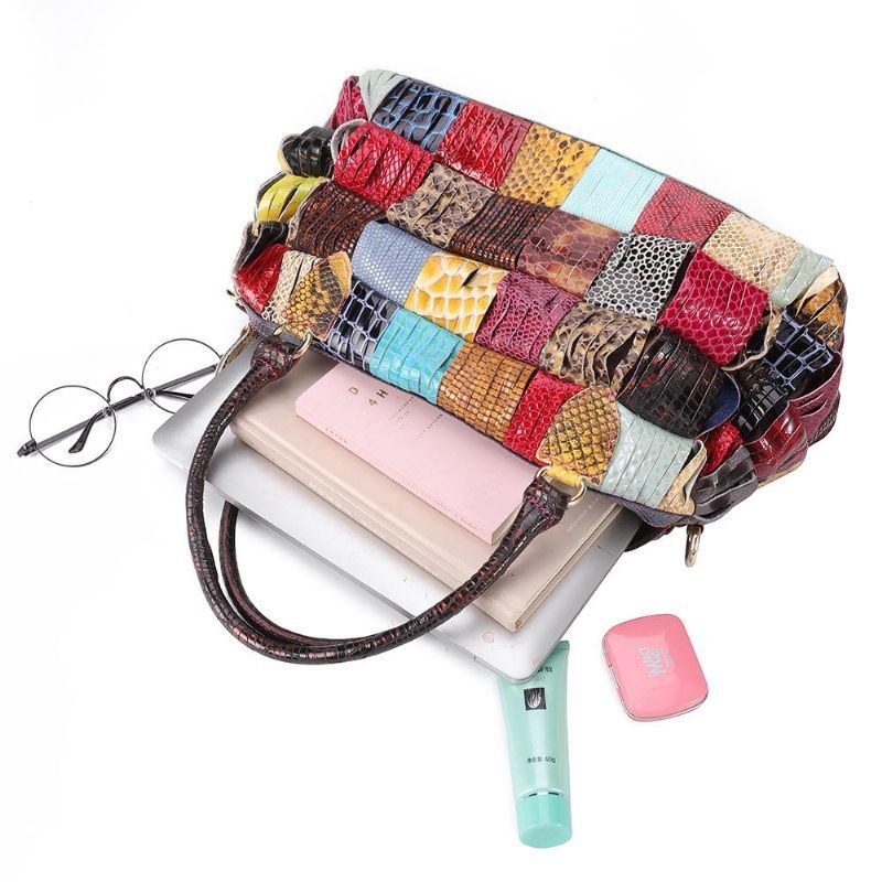 Dam Bohemian Handväska I Äkta Läder Med Stor Kapacitet Patchwork Handgjorda Crossbody-väskor