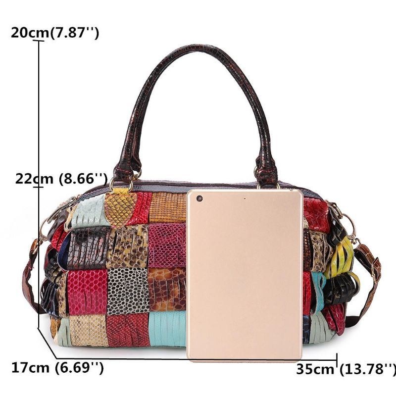 Dam Bohemian Handväska I Äkta Läder Med Stor Kapacitet Patchwork Handgjorda Crossbody-väskor