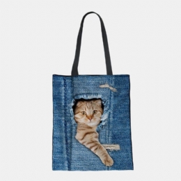 Dam Canvas Breaking Hole Denim 3d Söt Katt Hundmönster Casual Outdoor Handväska Axelväska Tote