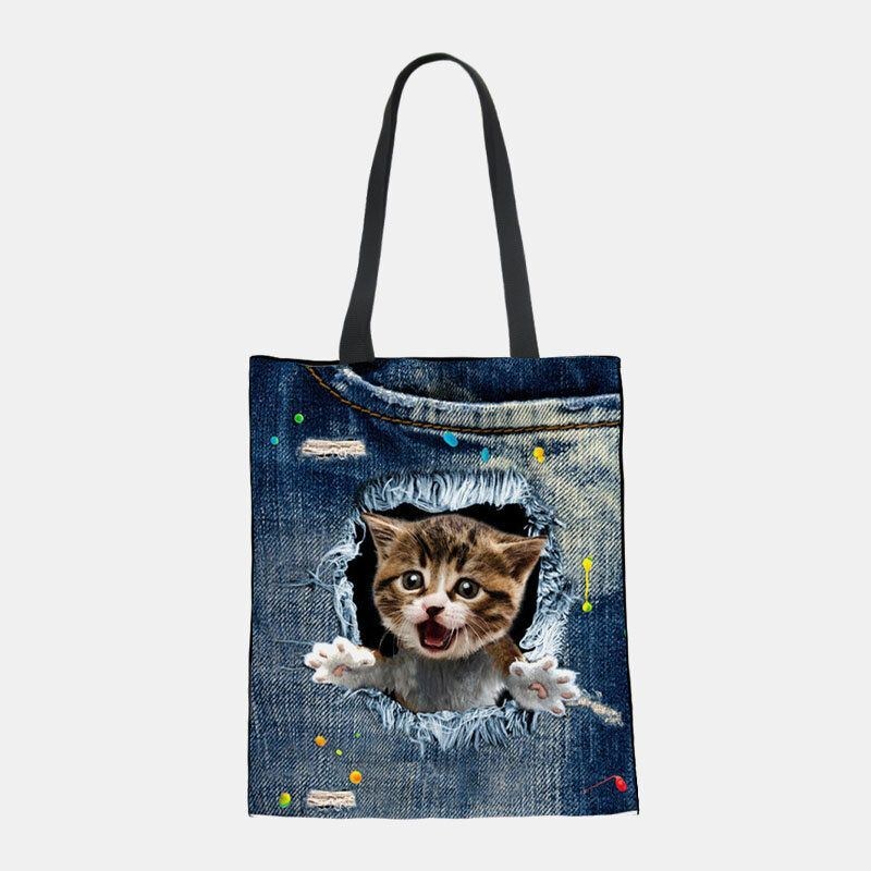 Dam Canvas Breaking Hole Denim 3d Söt Katt Hundmönster Casual Outdoor Handväska Axelväska Tote