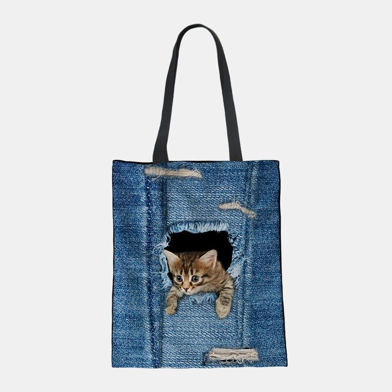 Dam Canvas Breaking Hole Denim 3d Söt Katt Hundmönster Casual Outdoor Handväska Axelväska Tote