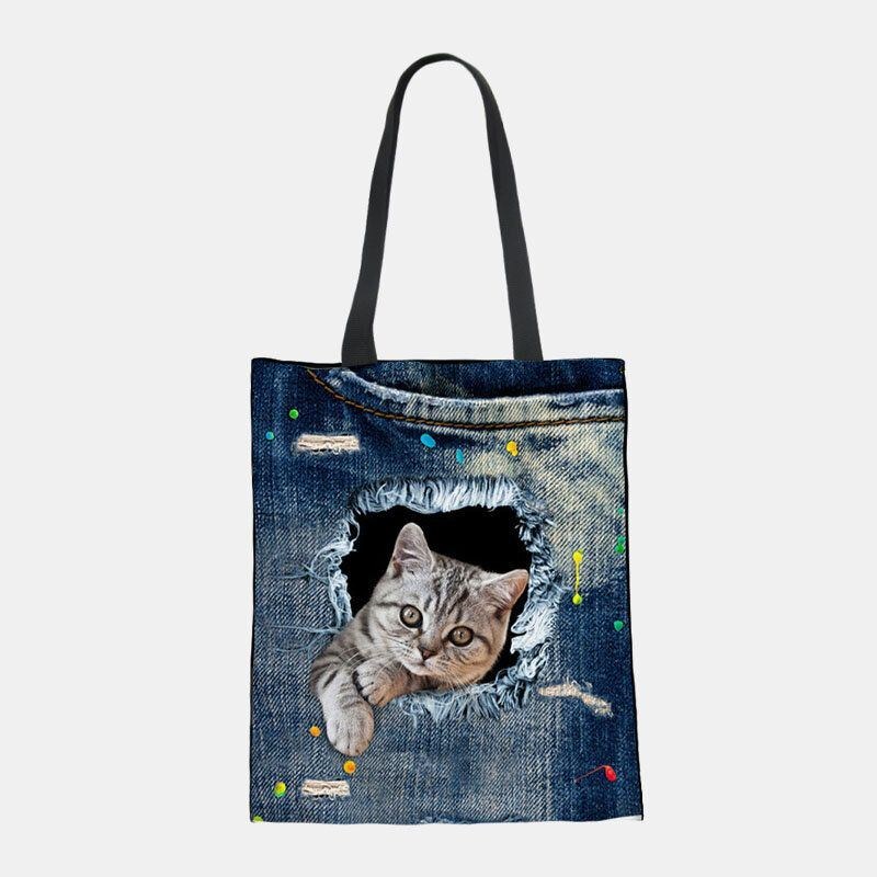 Dam Canvas Breaking Hole Denim 3d Söt Katt Hundmönster Casual Outdoor Handväska Axelväska Tote