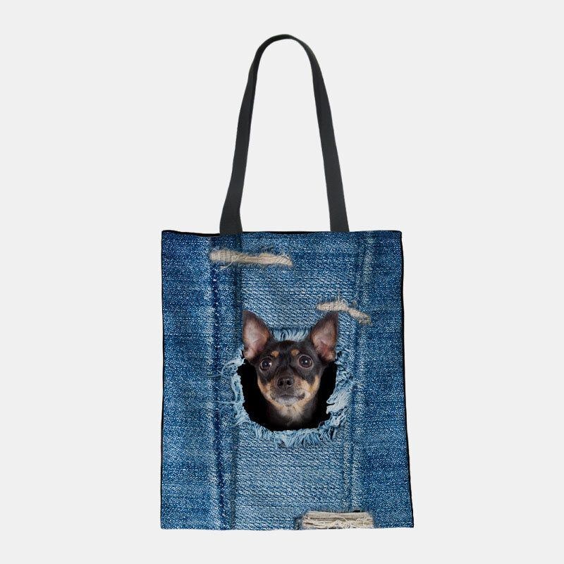 Dam Canvas Breaking Hole Denim 3d Söt Katt Hundmönster Casual Outdoor Handväska Axelväska Tote