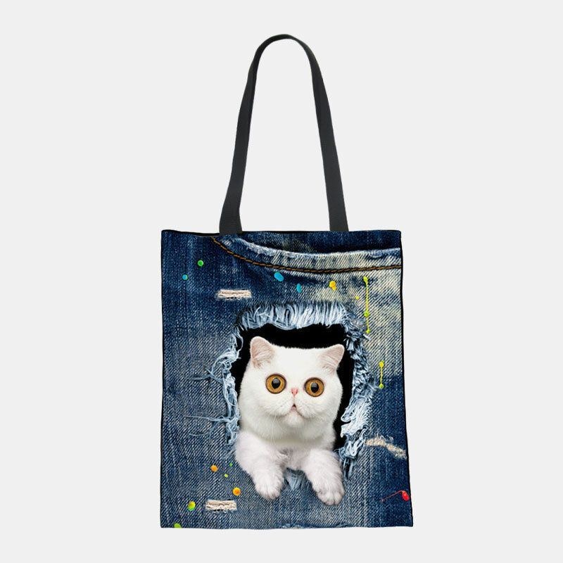 Dam Canvas Breaking Hole Denim 3d Söt Katt Hundmönster Casual Outdoor Handväska Axelväska Tote