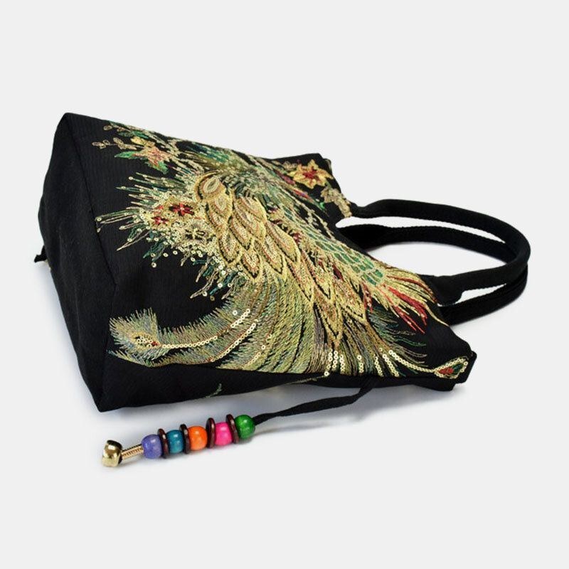 Dam Canvas Broderi Påfågelmönster Etnisk Stil Multi-carry Handväska Crossbody Bag Axelväska