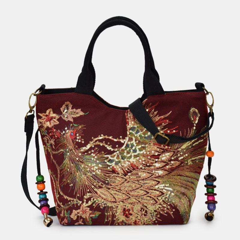 Dam Canvas Broderi Påfågelmönster Etnisk Stil Multi-carry Handväska Crossbody Bag Axelväska