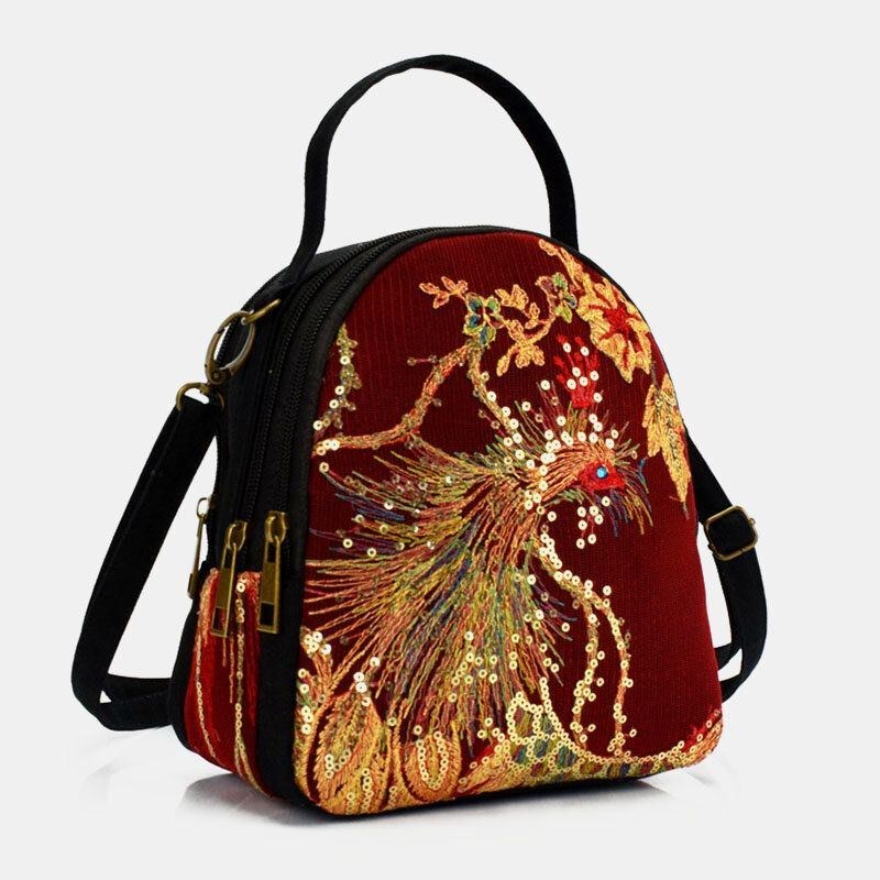 Dam Canvas Etnisk Stil Broderi Påfågelmönster Paljett Mini Multi-carry Handväska Crossbody-väska