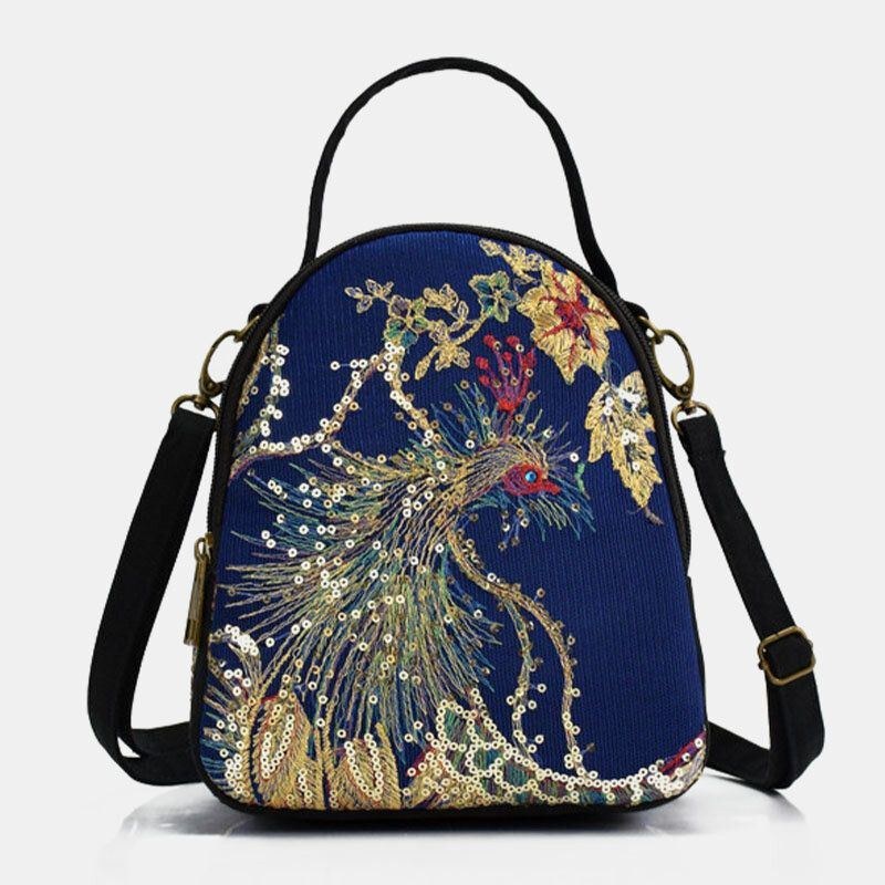 Dam Canvas Etnisk Stil Broderi Påfågelmönster Paljett Mini Multi-carry Handväska Crossbody-väska