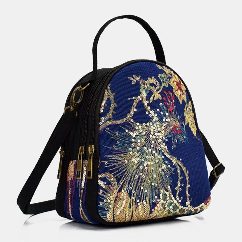 Dam Canvas Etnisk Stil Broderi Påfågelmönster Paljett Mini Multi-carry Handväska Crossbody-väska