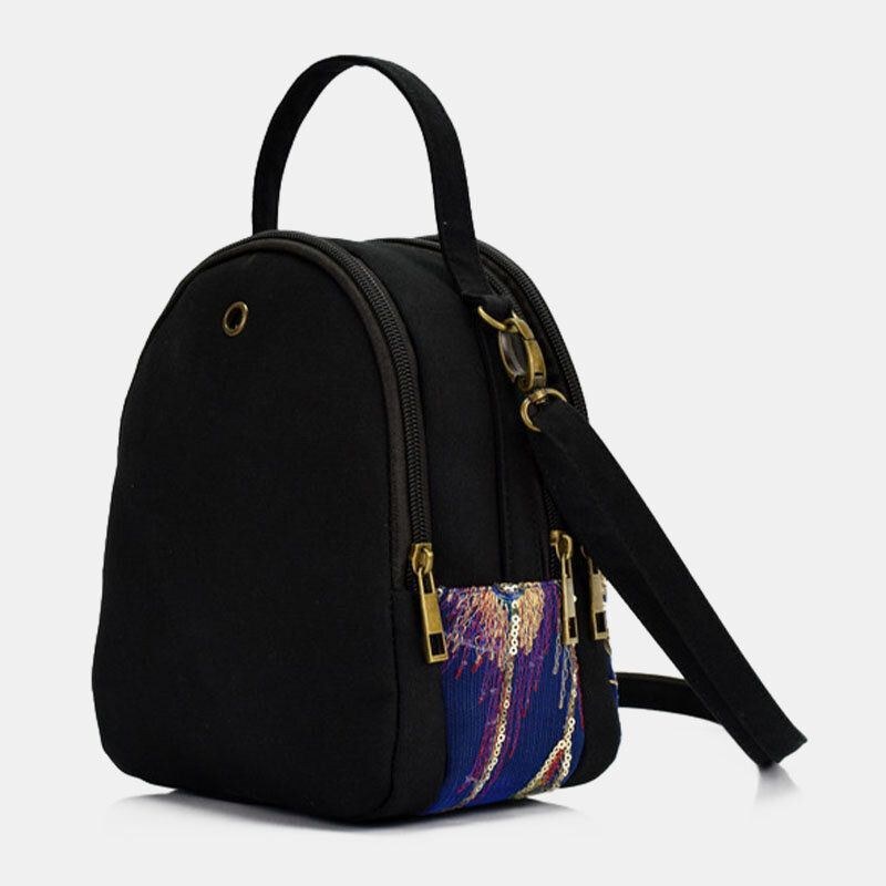 Dam Canvas Etnisk Stil Broderi Påfågelmönster Paljett Mini Multi-carry Handväska Crossbody-väska