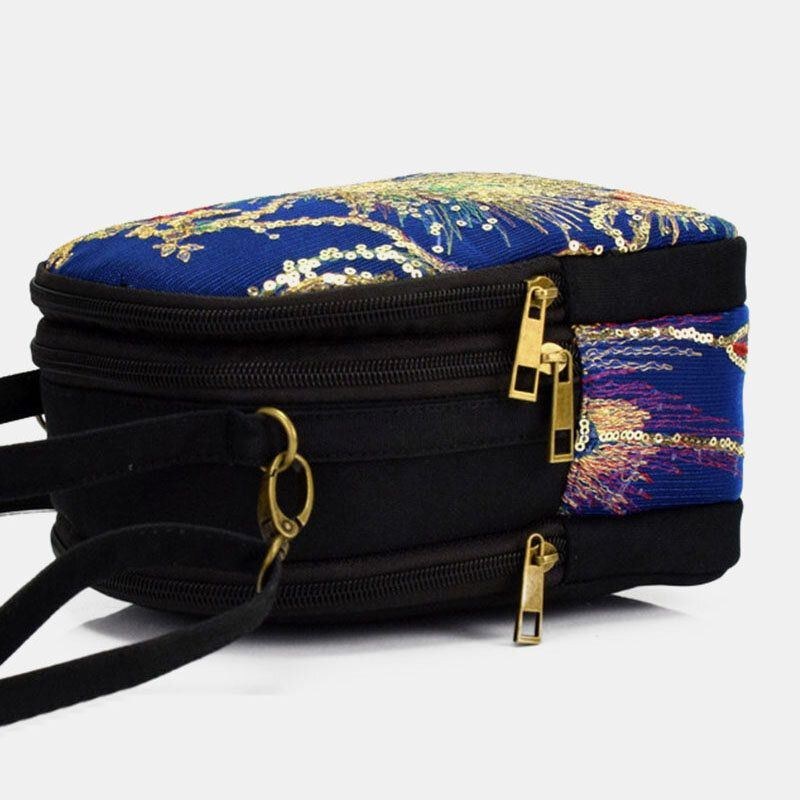 Dam Canvas Etnisk Stil Broderi Påfågelmönster Paljett Mini Multi-carry Handväska Crossbody-väska