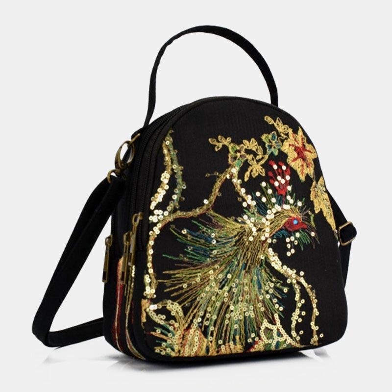 Dam Canvas Etnisk Stil Broderi Påfågelmönster Paljett Mini Multi-carry Handväska Crossbody-väska