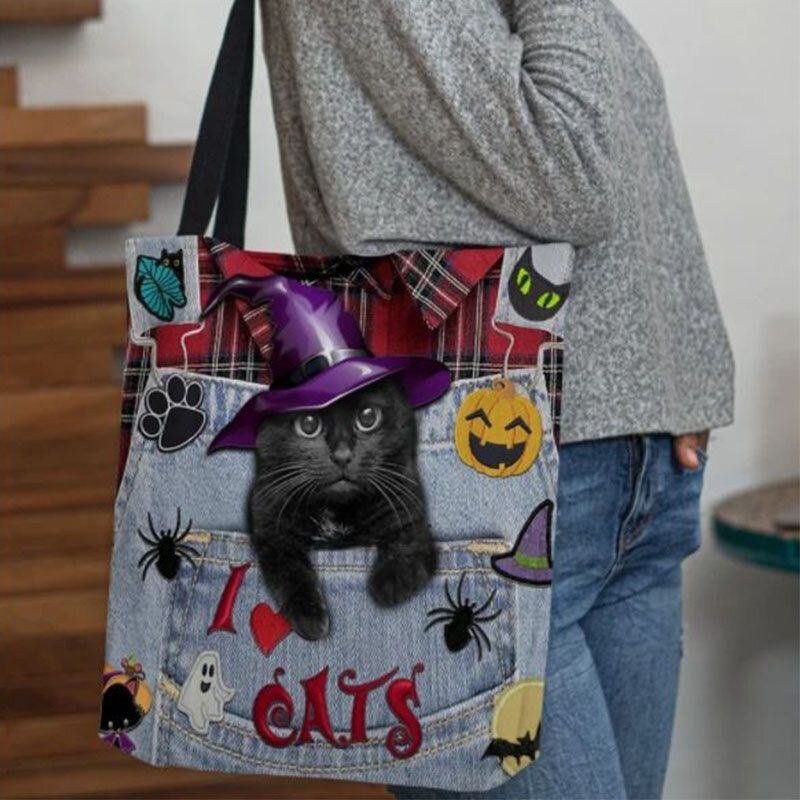 Dam Canvas Magic Hat Tredimensionell 3d Cute Black Cat Handväska Tote Axelväska