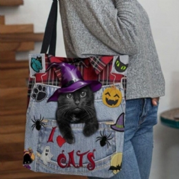 Dam Canvas Magic Hat Tredimensionell 3d Cute Black Cat Handväska Tote Axelväska