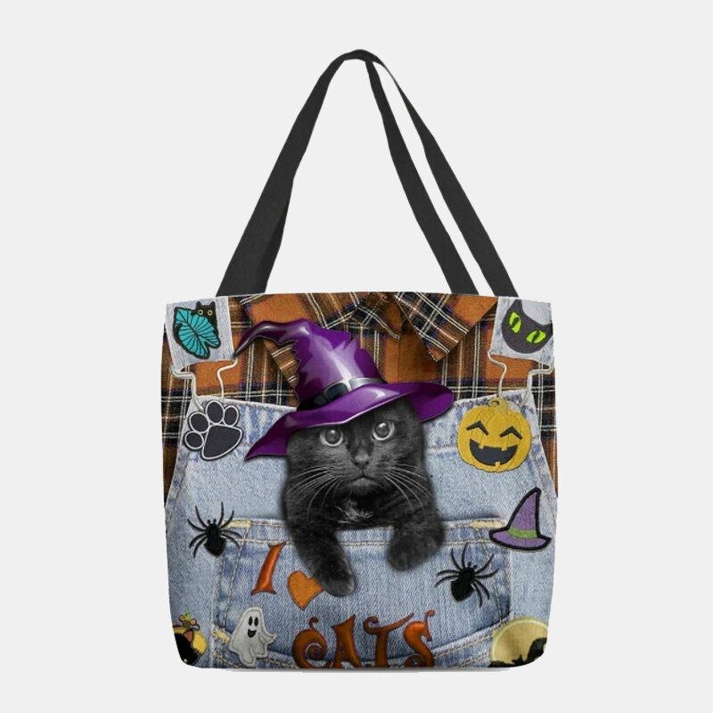 Dam Canvas Magic Hat Tredimensionell 3d Cute Black Cat Handväska Tote Axelväska