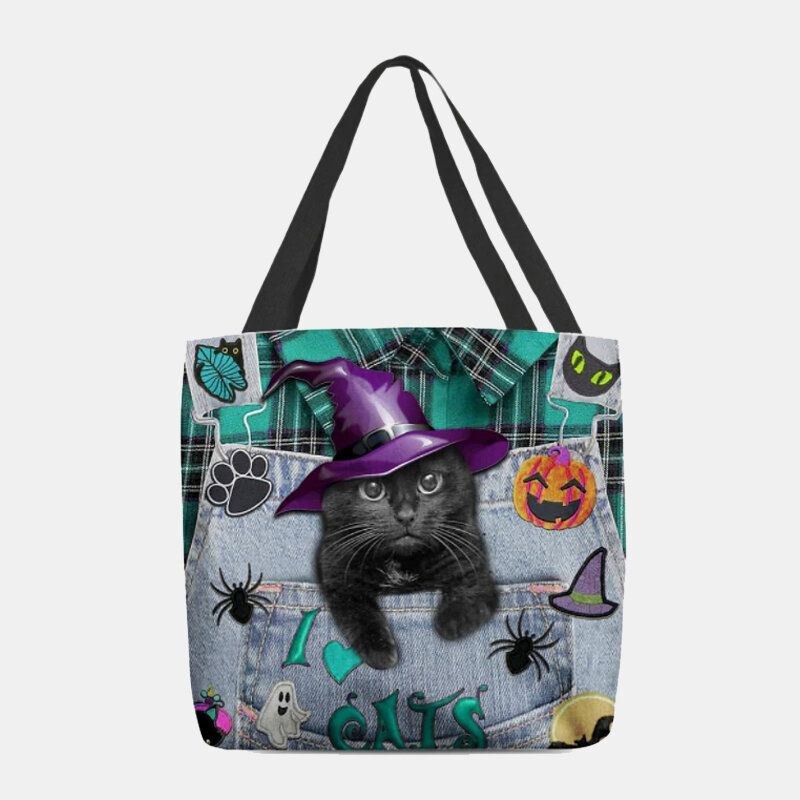 Dam Canvas Magic Hat Tredimensionell 3d Cute Black Cat Handväska Tote Axelväska