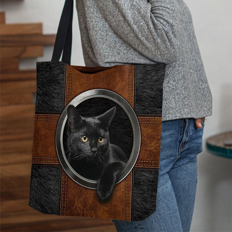 Dam Canvas Söt Cartoon Black Cat Print Handväska Tote Axelväska