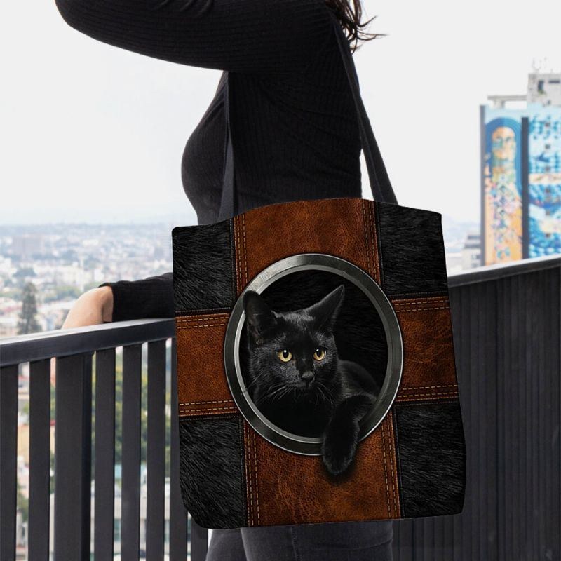 Dam Canvas Söt Cartoon Black Cat Print Handväska Tote Axelväska