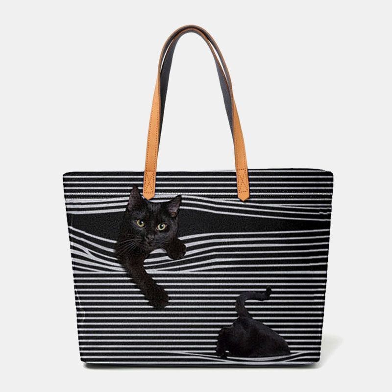 Dam Canvas Stor Kapacitet Stripe Tredimensionell Cartoon Cute Cat Handväska Axelväska Tote