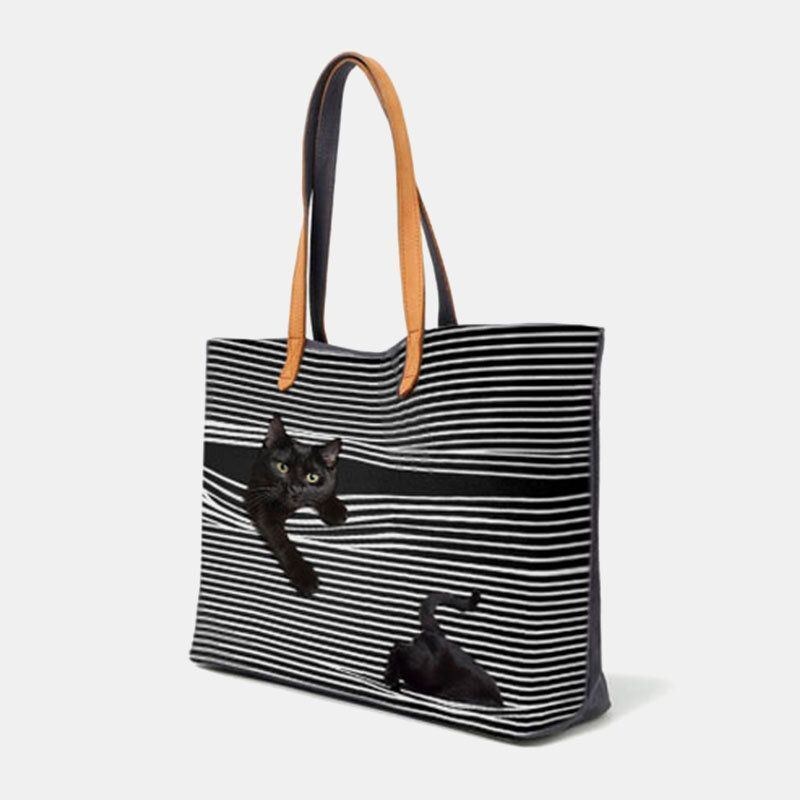 Dam Canvas Stor Kapacitet Stripe Tredimensionell Cartoon Cute Cat Handväska Axelväska Tote