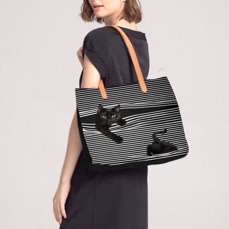 Dam Canvas Stor Kapacitet Stripe Tredimensionell Cartoon Cute Cat Handväska Axelväska Tote