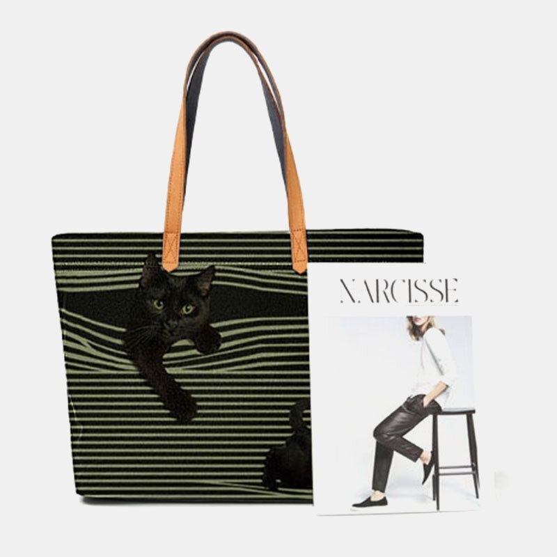 Dam Canvas Stor Kapacitet Stripe Tredimensionell Cartoon Cute Cat Handväska Axelväska Tote