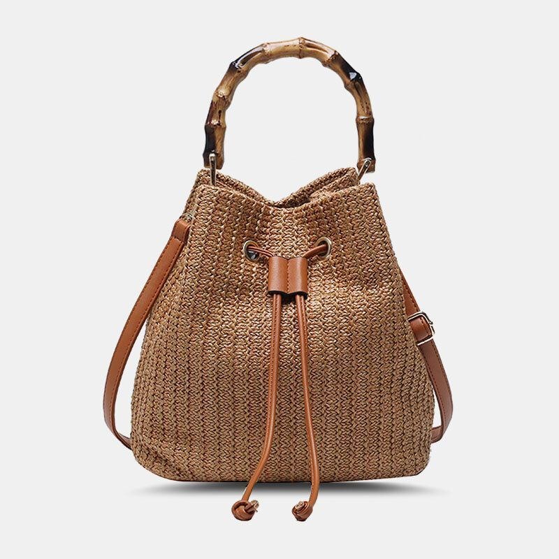 Dam Enfärgad String Casual Straw Bag Handväska Axelväska Crossbody Bags Bucket Bag