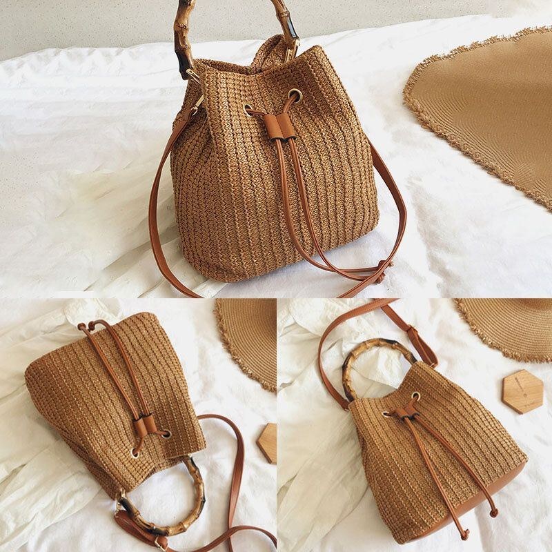 Dam Enfärgad String Casual Straw Bag Handväska Axelväska Crossbody Bags Bucket Bag