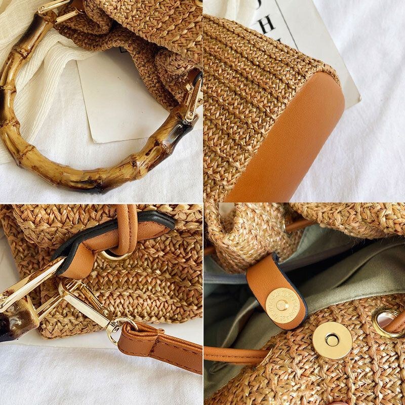 Dam Enfärgad String Casual Straw Bag Handväska Axelväska Crossbody Bags Bucket Bag