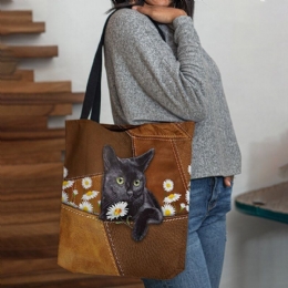 Dam Kändes Söt 3d Tredimensionell Black Cat Daisy Pattern Axelväska Handväska Tote