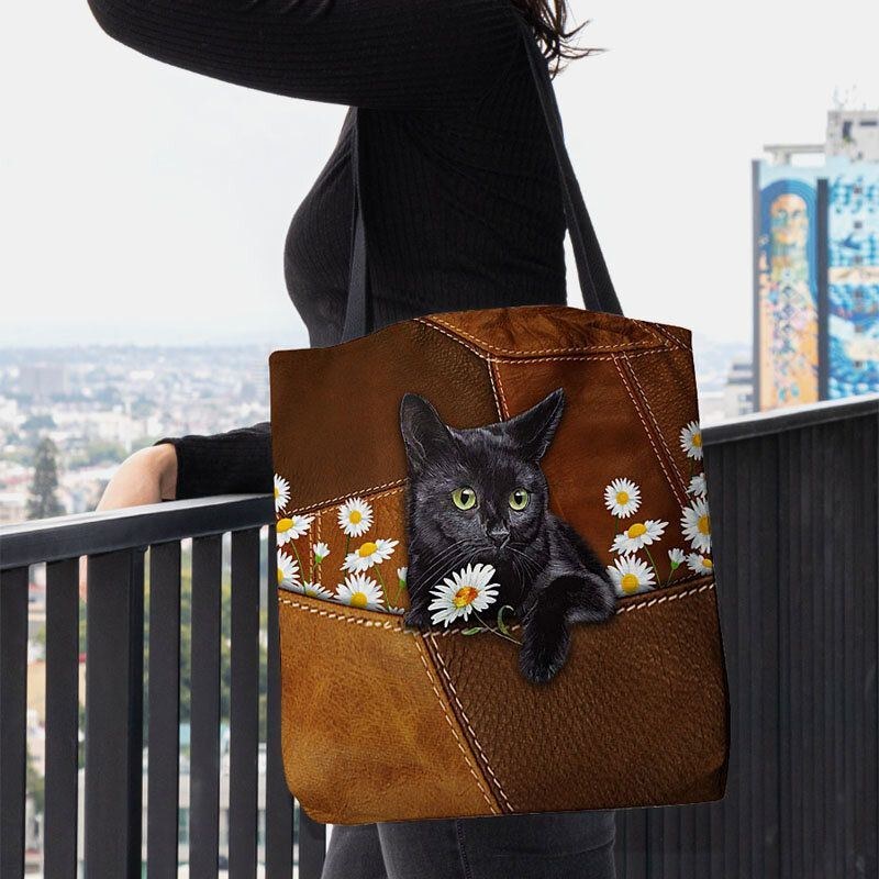 Dam Kändes Söt 3d Tredimensionell Black Cat Daisy Pattern Axelväska Handväska Tote