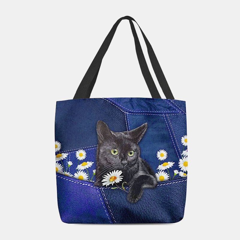 Dam Kändes Söt 3d Tredimensionell Black Cat Daisy Pattern Axelväska Handväska Tote