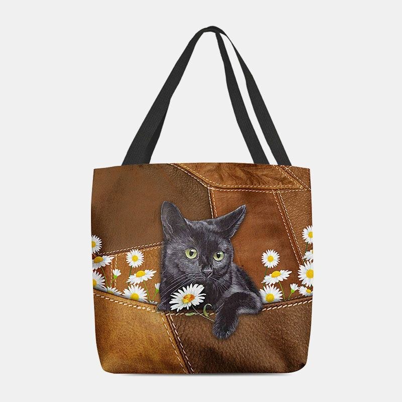 Dam Kändes Söt 3d Tredimensionell Black Cat Daisy Pattern Axelväska Handväska Tote