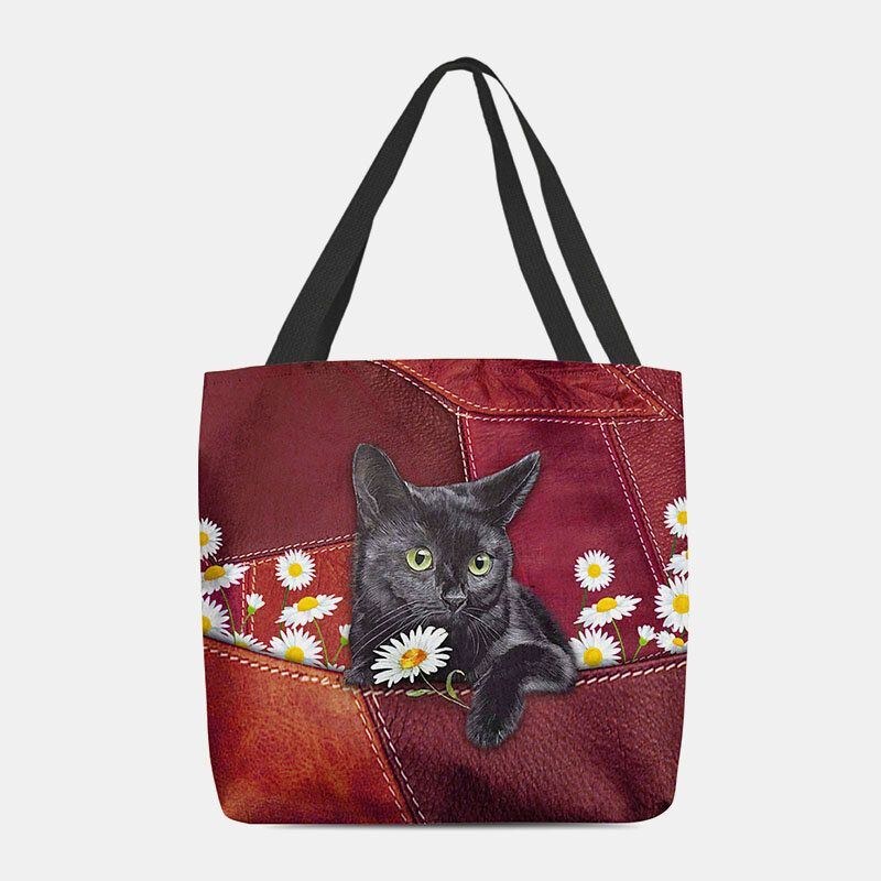 Dam Kändes Söt 3d Tredimensionell Black Cat Daisy Pattern Axelväska Handväska Tote