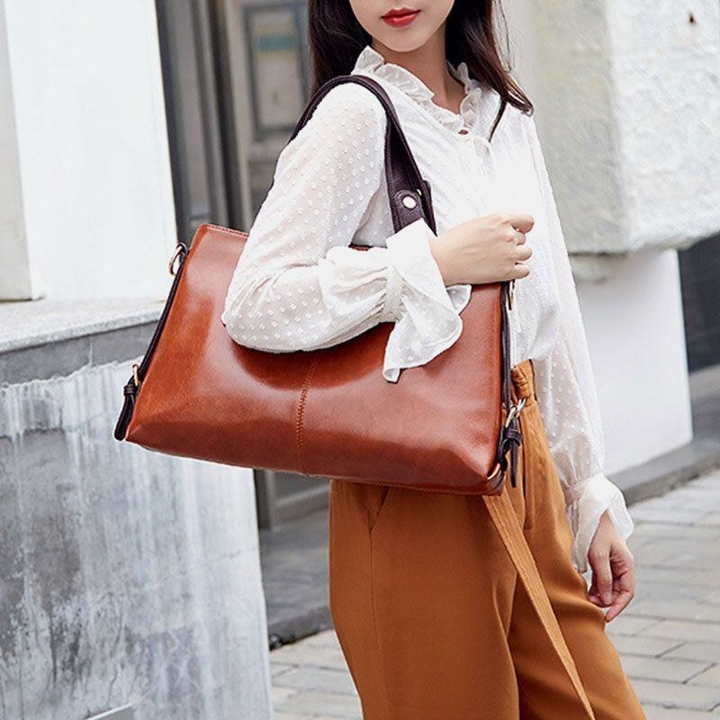 Dam Konstläder Retro Litchi-mönster Handväska Med Stor Kapacitet Axelväska Crossbody Bag Tote