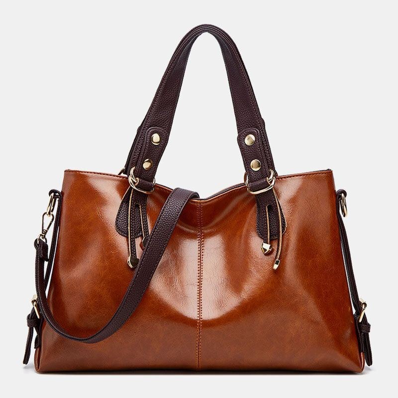 Dam Konstläder Retro Litchi-mönster Handväska Med Stor Kapacitet Axelväska Crossbody Bag Tote