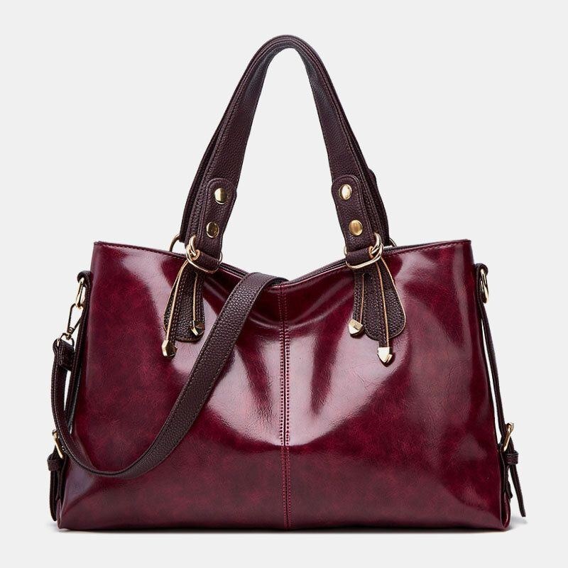 Dam Konstläder Retro Litchi-mönster Handväska Med Stor Kapacitet Axelväska Crossbody Bag Tote